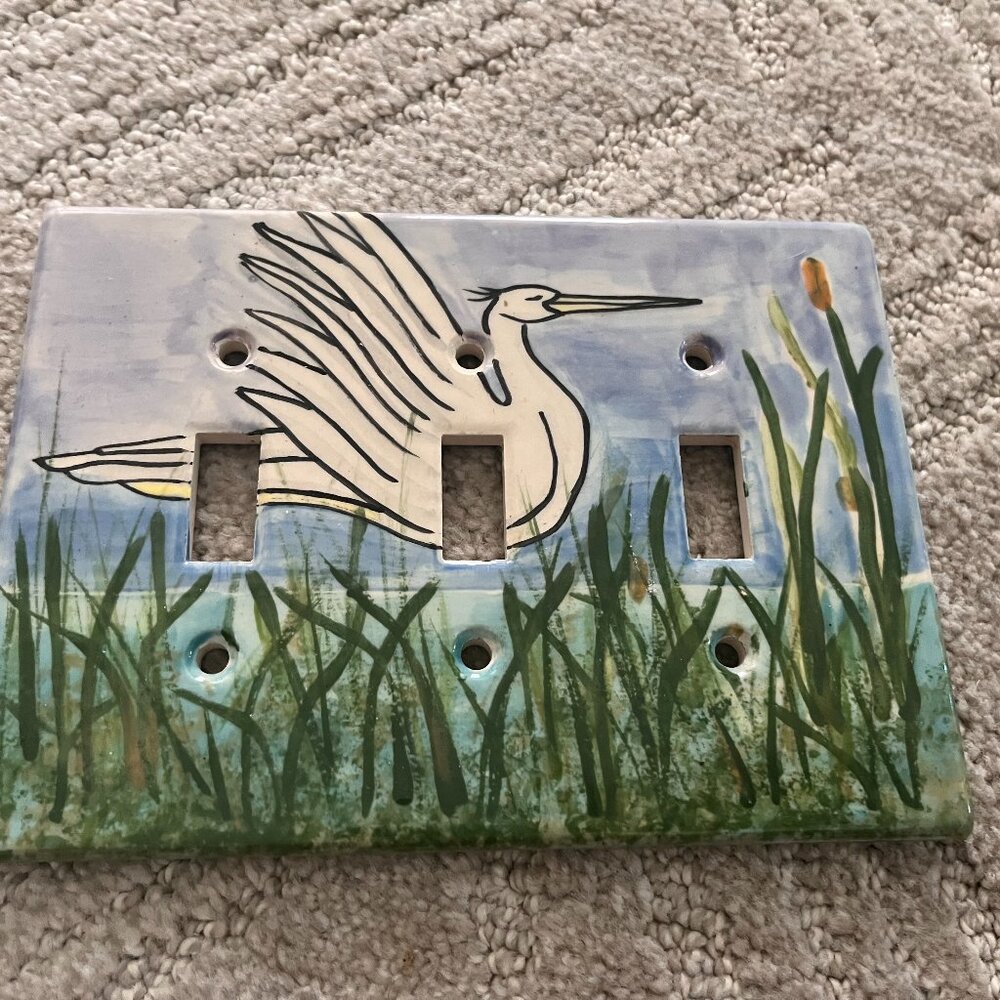 Hand painted Egret triple light switch plate